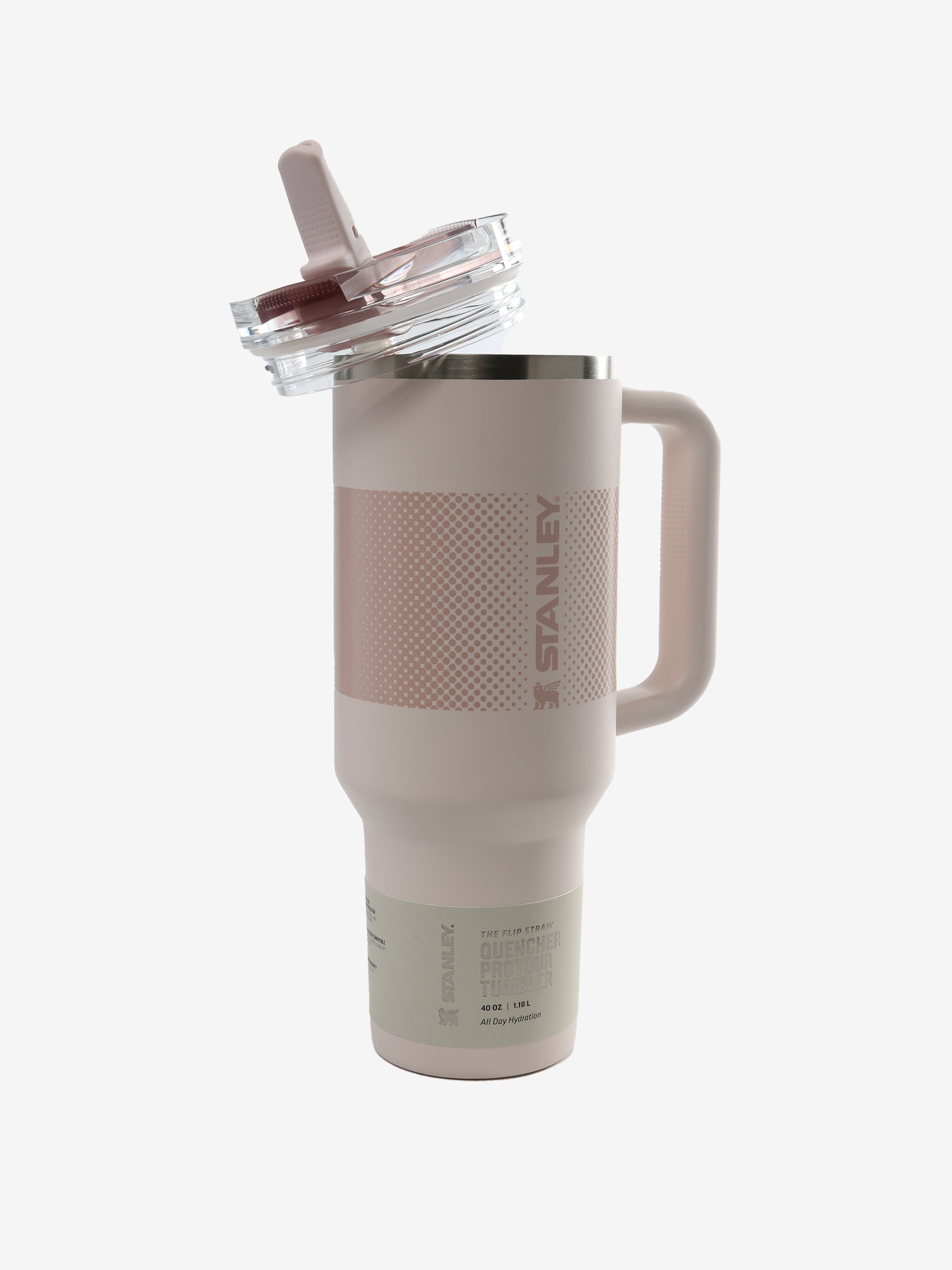 pink tumbler, front view