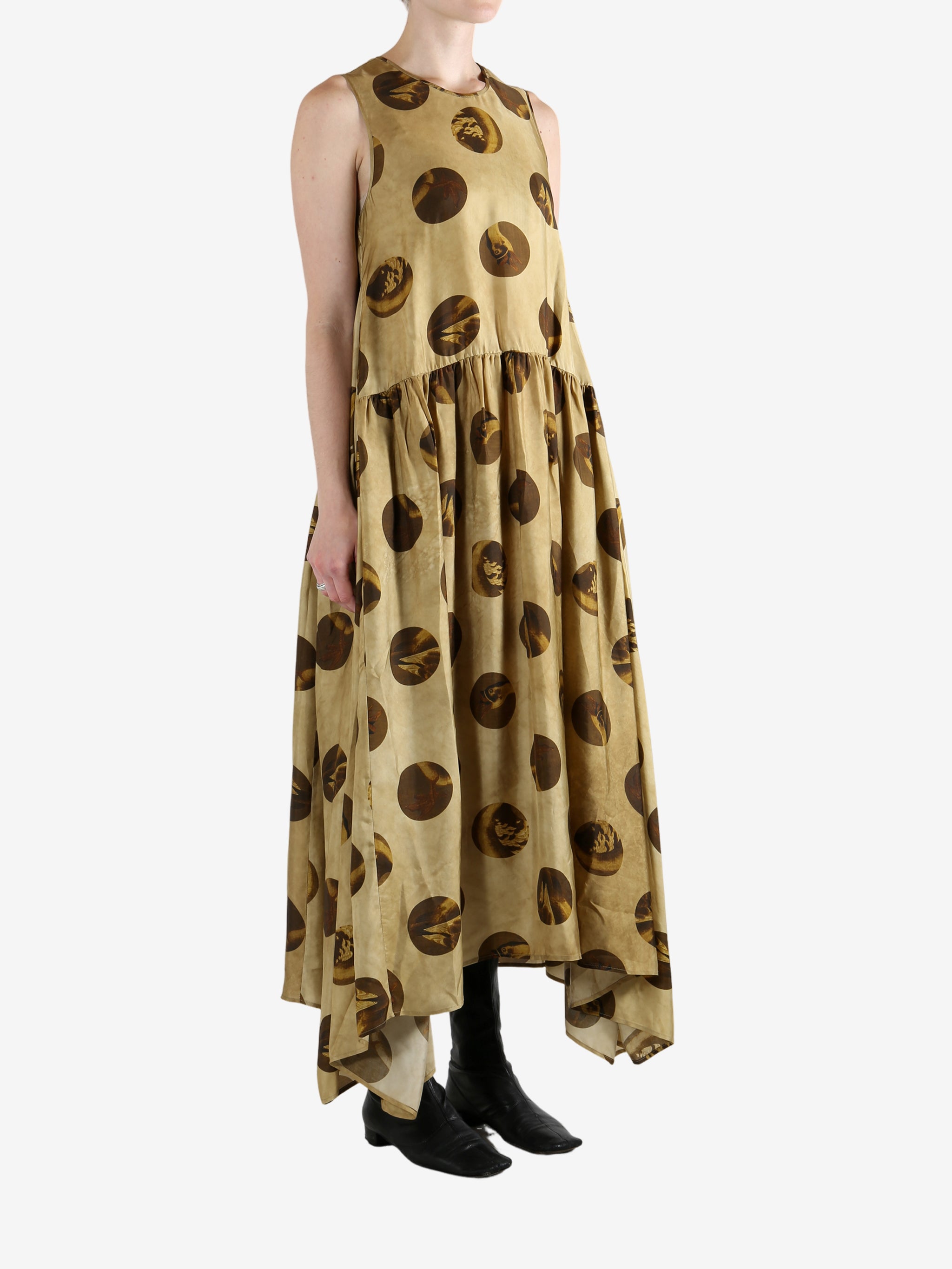 Tan dress, full body view