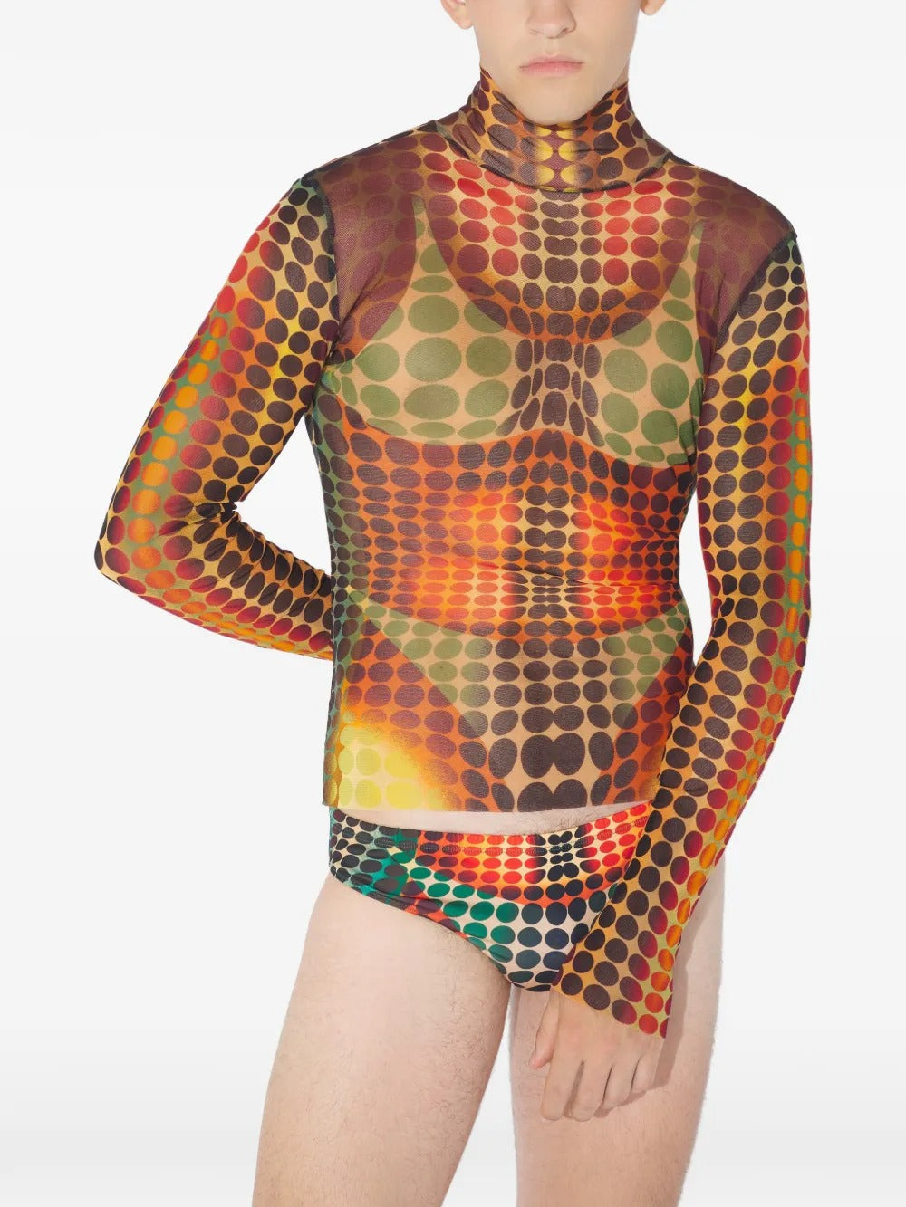 Orange tops worn by a person, showing the tops fit