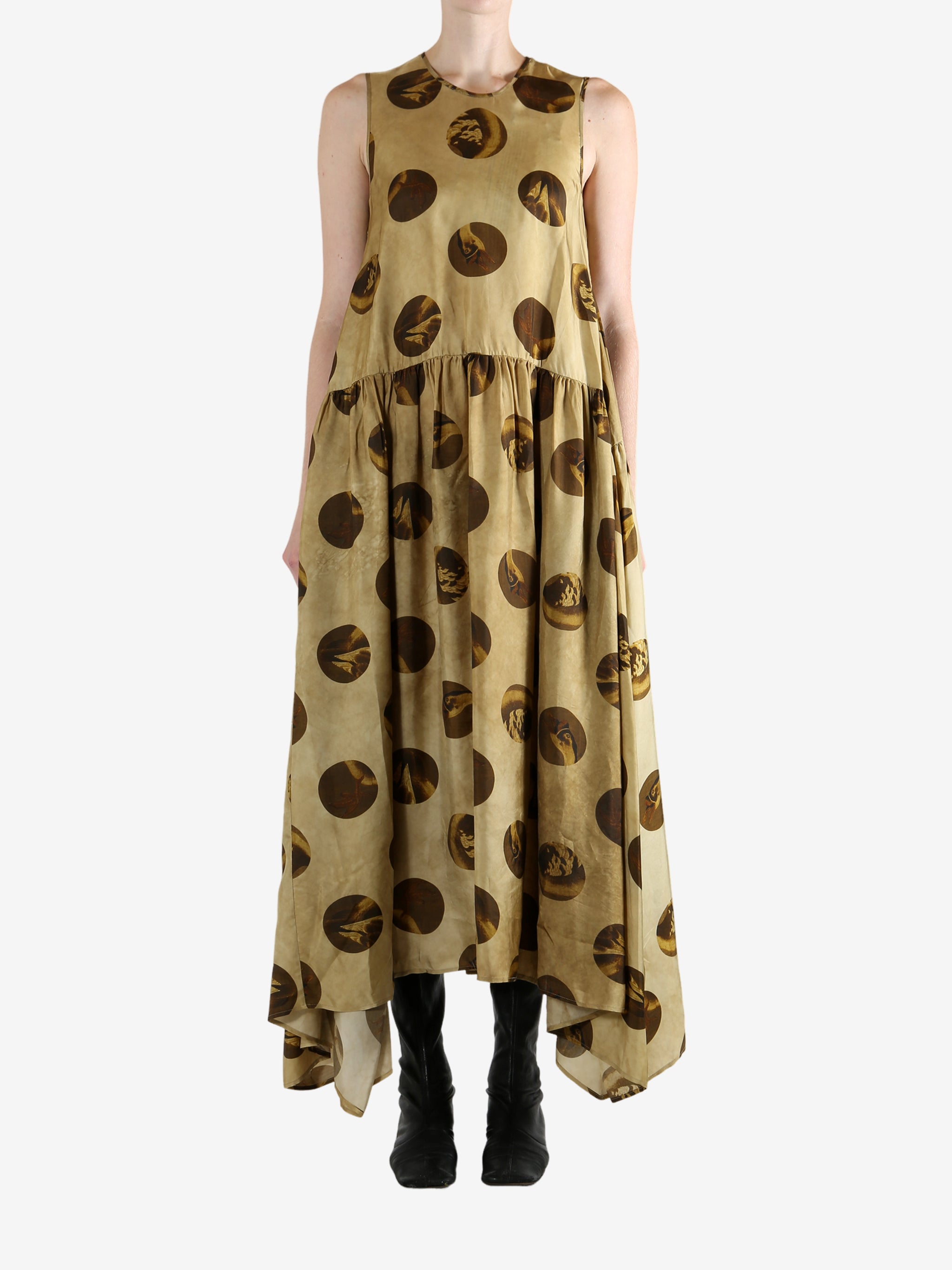 Tan dress, full body view