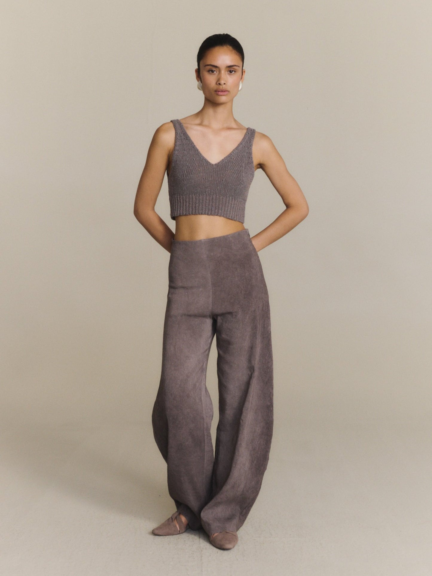 Grey pants, full body view