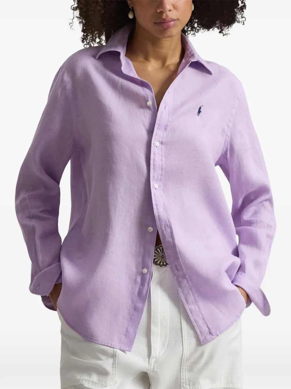Purple shirt worn by a person, showing the shirt'fit